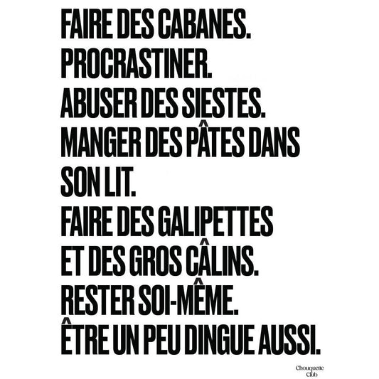 Affiche Mantra #1 Chouquette Club 50 x 70 cm avec texte humoristique noir sur fond clair dans un intérieur contemporain
