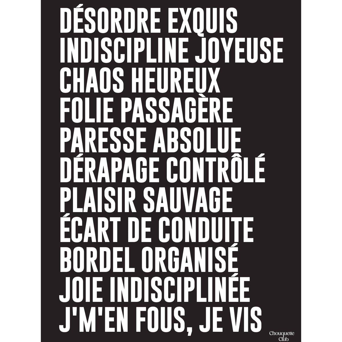Affiche Mantra #3 Chouquette Club 50 x 70 cm avec texte beige sur fond noir dans une chambre contemporaine