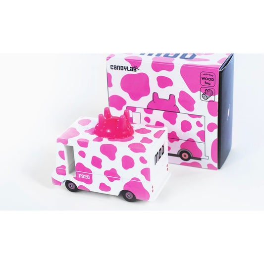 Camionnette Strawberry Moo Candylab Toys rose et blanche avec tête de vache