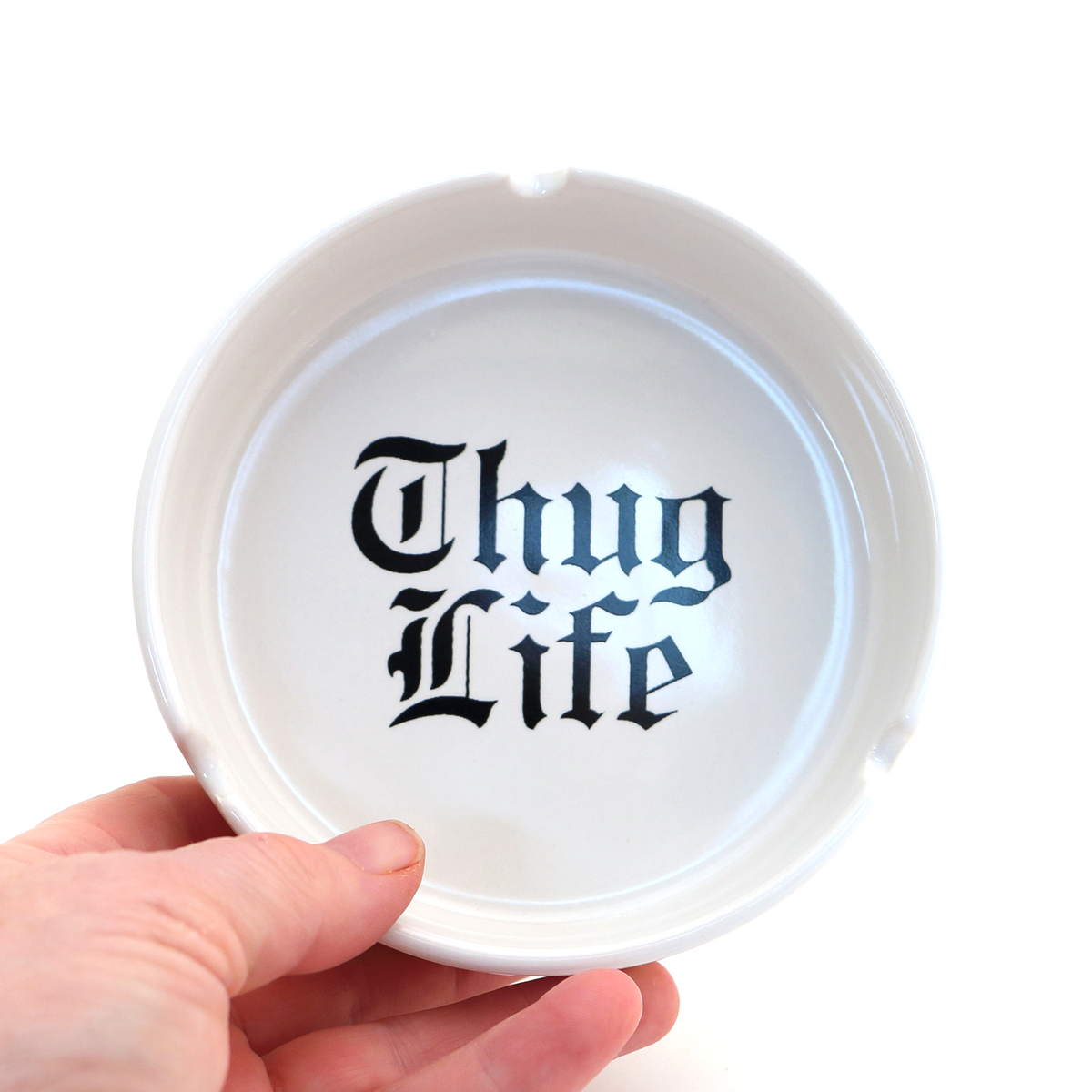 Cendrier Thug Life Lenny Mud en céramique blanche avec inscription noire gothique