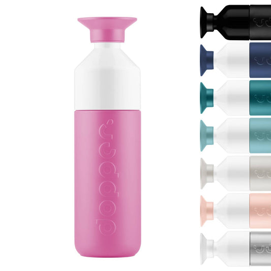 Gourde isotherme Dopper Insulated 580 ml Pelican Pink en acier inoxydable avec bouchon gobelet rose et corps blanc
