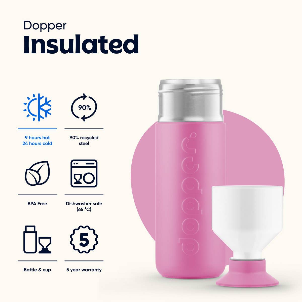 Gourde isotherme Dopper Insulated 580 ml Pelican Pink en acier inoxydable avec bouchon gobelet rose et corps blanc