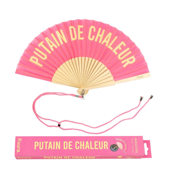 Éventail rose Putain de Chaleur de la marque Fisura avec cordelette assortie
