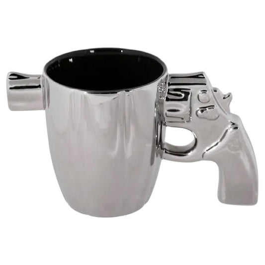 Mug pistolet chrome avec poignée en forme de revolver – tasse design originale en céramique