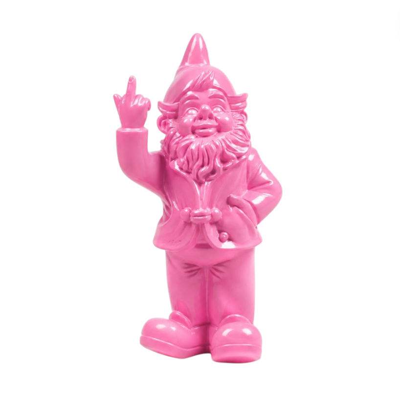 -nain-fuck-you-rose-stevens-deco
-nain-de-jardin-rose-doigt-honneur
-figurine-pop-art-rose-deco
-objet-deco-humoristique-nain-rose