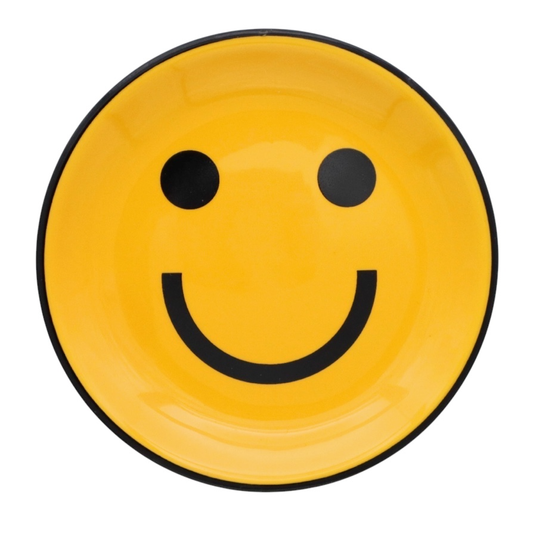 Plat à bibelots Smiley Properly Improper jaune avec visage souriant noir et liseré contrastant