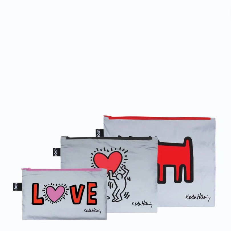 Set de 3 Pochettes Réfléchissantes Zippées KEITH HARING – Chien, Cœur & Love – LOQI - Boutique Ømm