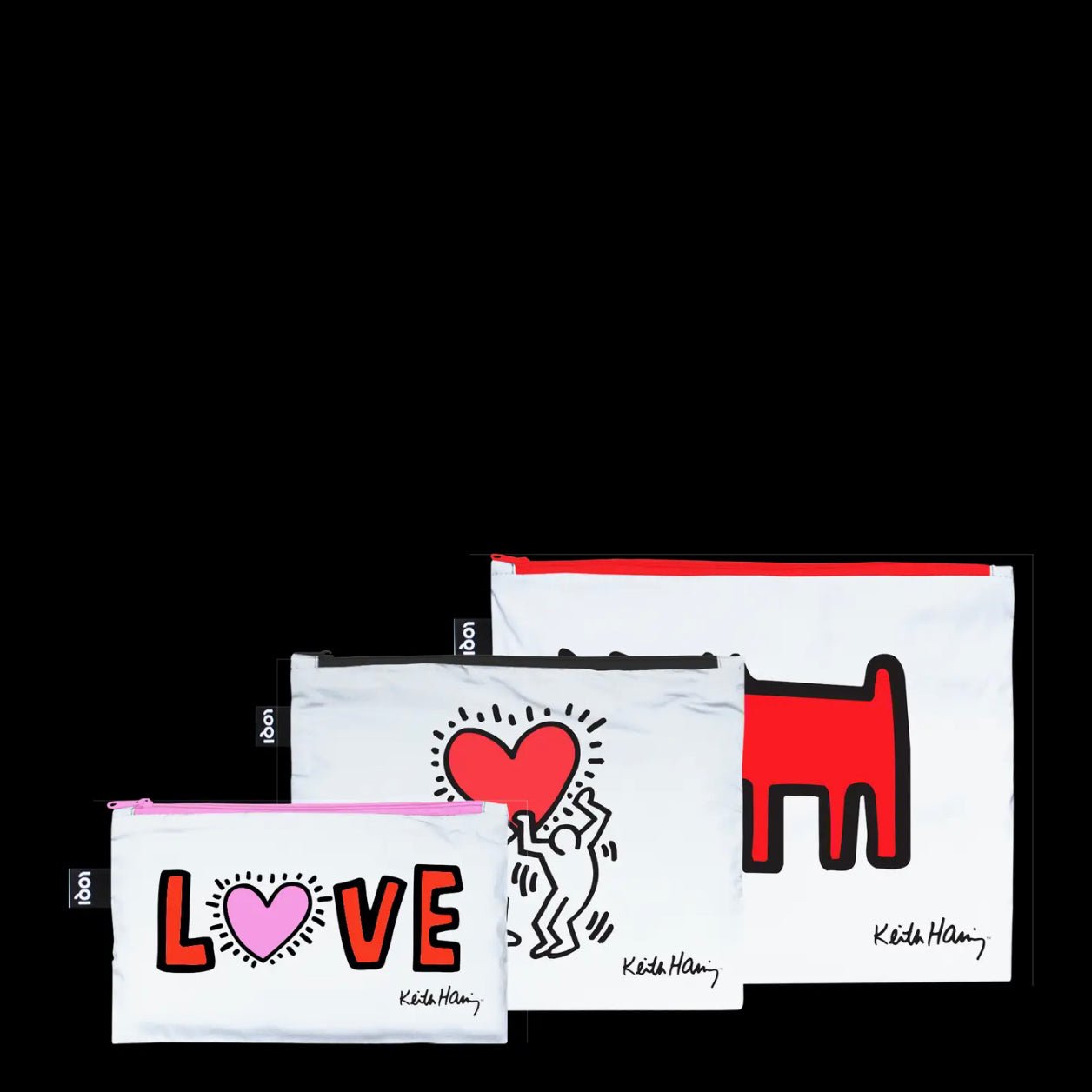 Set de 3 Pochettes Réfléchissantes Zippées KEITH HARING – Chien, Cœur & Love – LOQI - Boutique Ømm