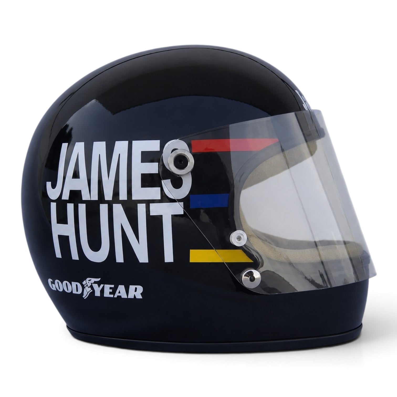 Casque Replica James Hunt 1976 noir vu de profil avec lettrage blanc, inspiré du casque de sa saison de Champion du monde de Formule 1
