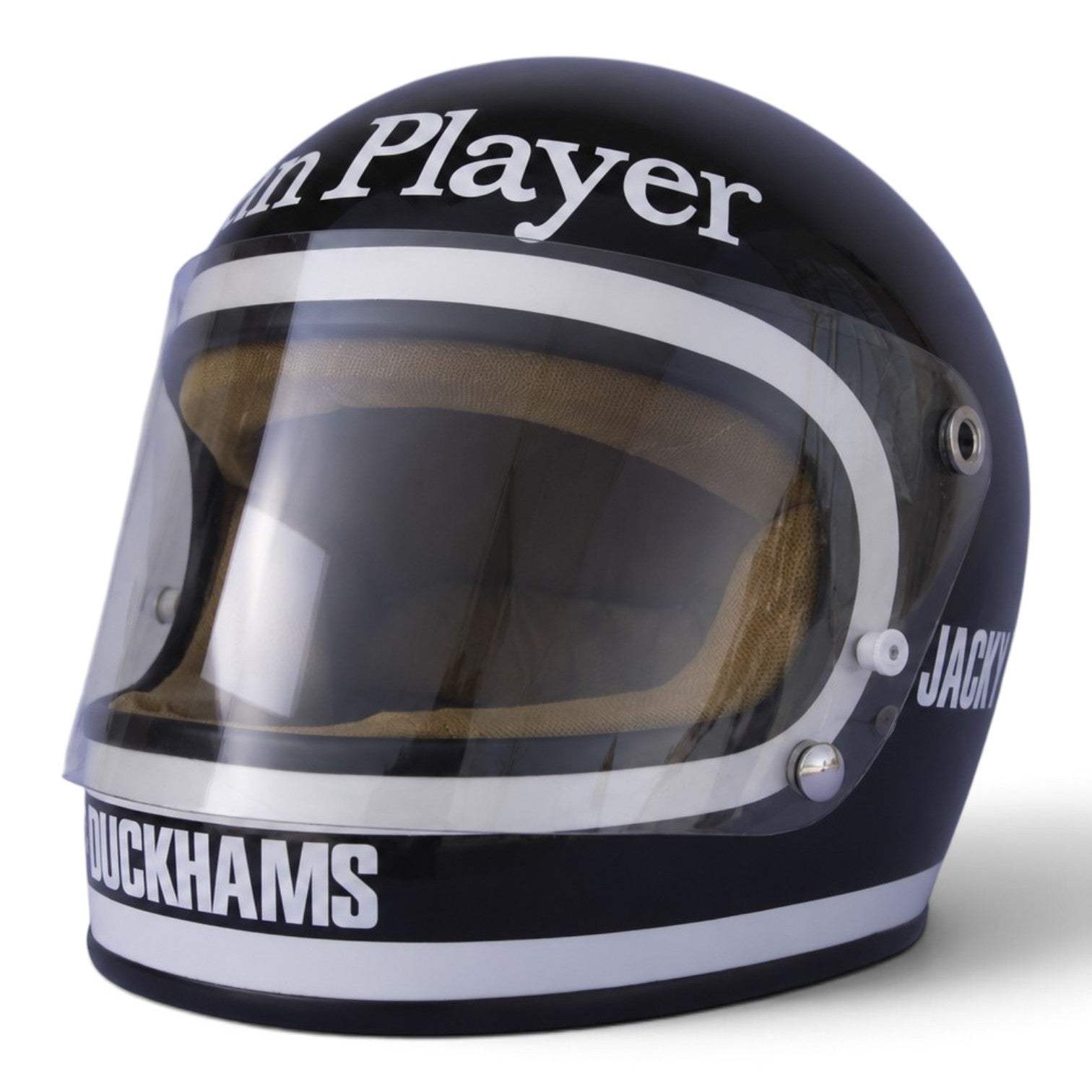 Casque Replica Jacky Ickx 1974 Lotus F1 vu de profil avec livrée noire et blanche et marquages Jacky Ickx