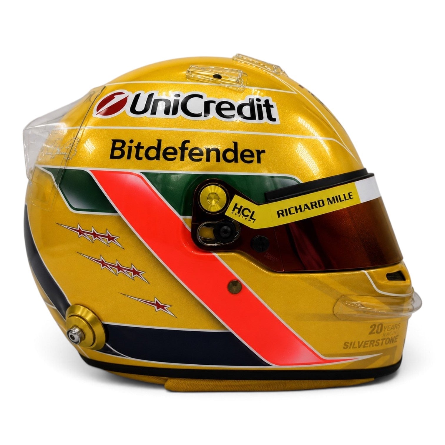 Casque Replica Lewis Hamilton Silverstone 2026 Ferrari F1 doré avec visière Bell originale