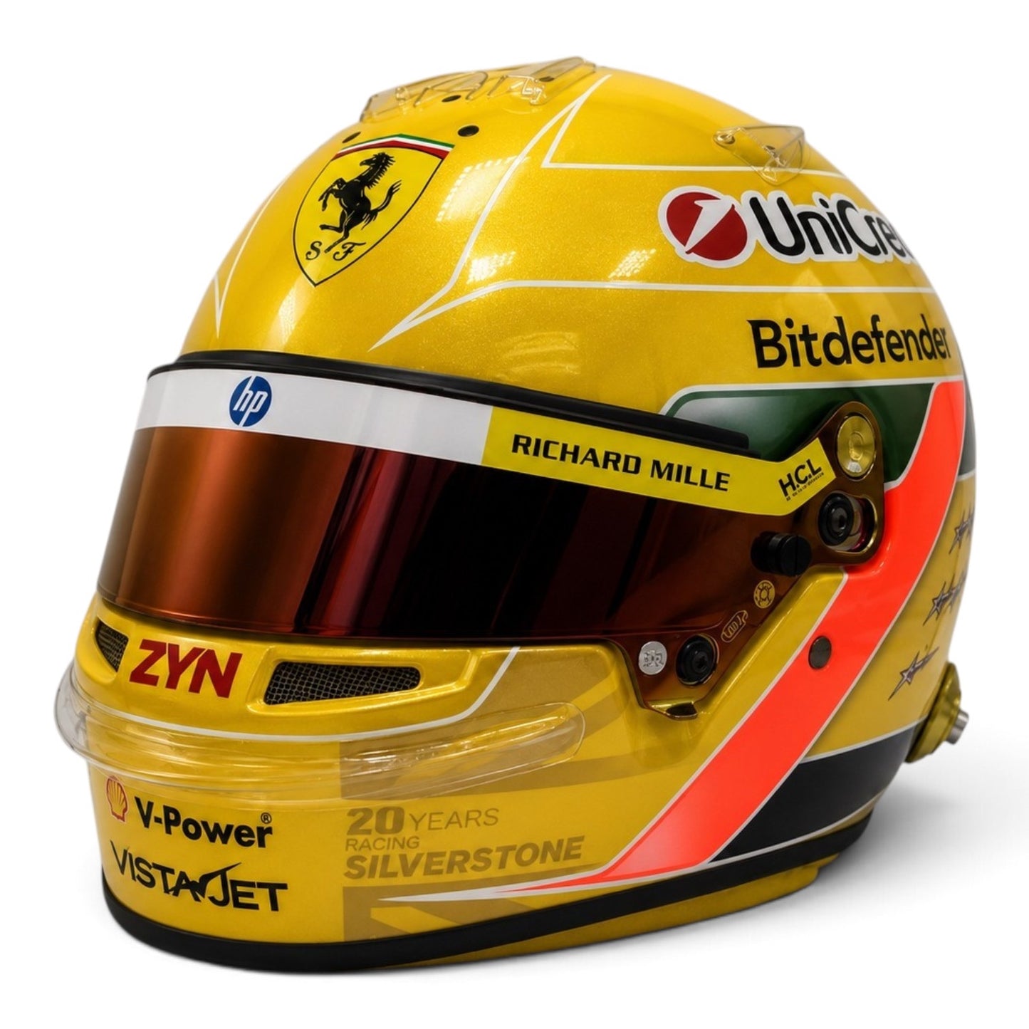 Casque Replica Lewis Hamilton Silverstone 2026 Ferrari F1 doré avec visière Bell originale