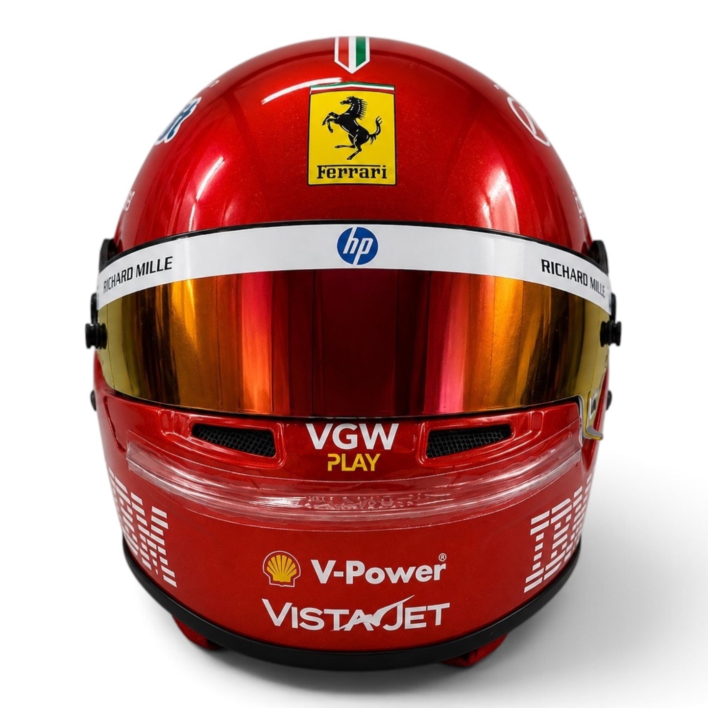 Casque Replica Charles Leclerc Monza 2025 Ferrari F1 rouge métallisé vu de profil avec visière Bell originale