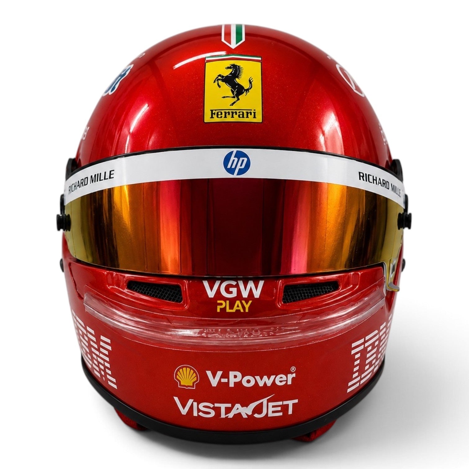 Casque Replica Charles Leclerc Monza 2025 Ferrari F1 rouge métallisé vu de profil avec visière Bell originale