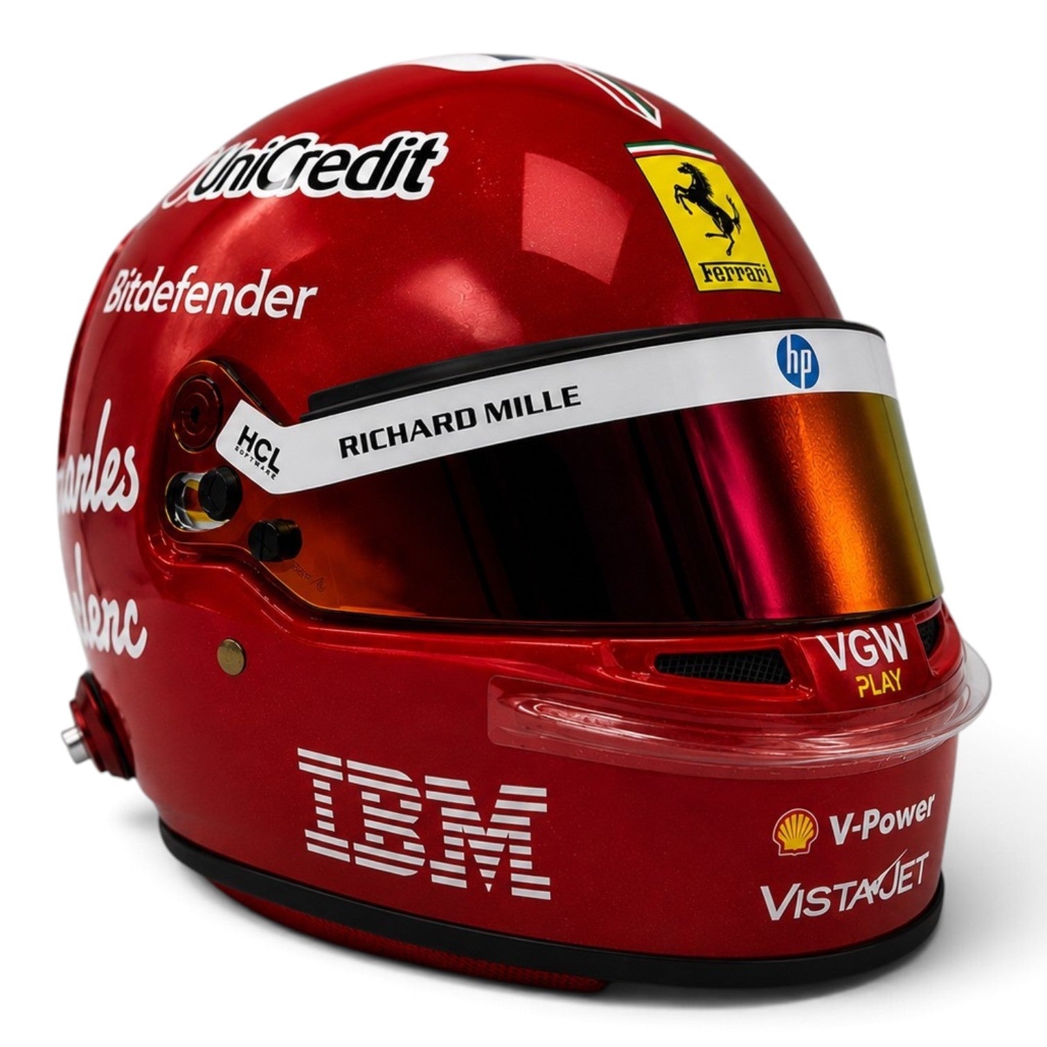 Casque Replica Charles Leclerc Monza 2025 Ferrari F1 rouge métallisé vu de profil avec visière Bell originale