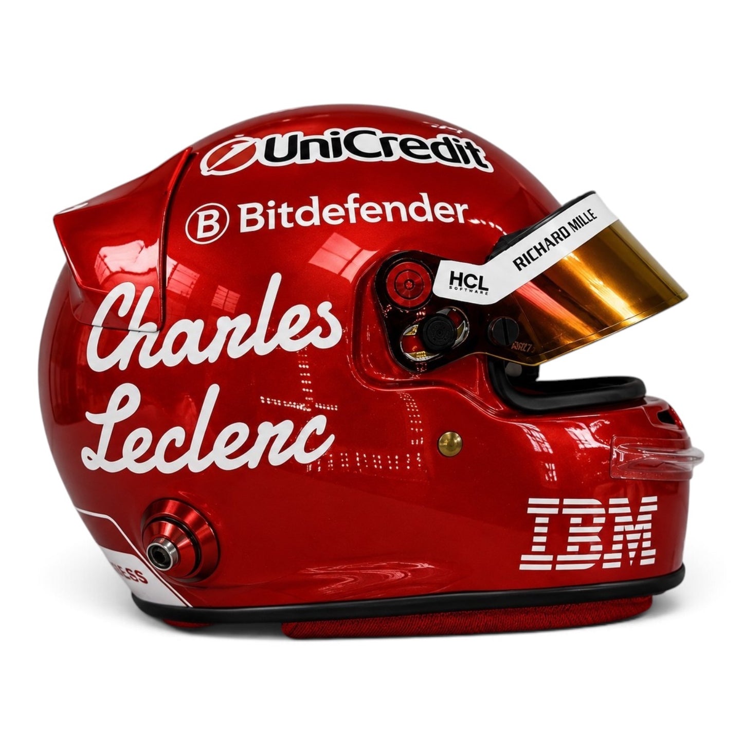 Casque Replica Charles Leclerc Monza 2025 Ferrari F1 rouge métallisé vu de profil avec visière Bell originale