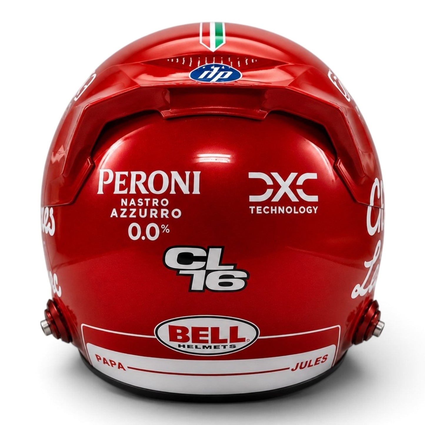 Casque Replica Charles Leclerc Monza 2025 Ferrari F1 rouge métallisé vu de profil avec visière Bell originale