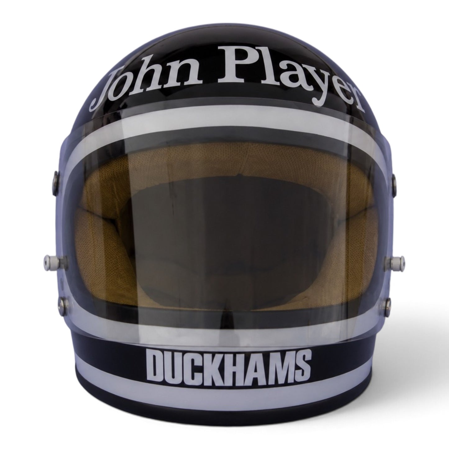 Casque Replica Jacky Ickx 1974 Lotus F1 vu de profil avec livrée noire et blanche et marquages Jacky Ickx
