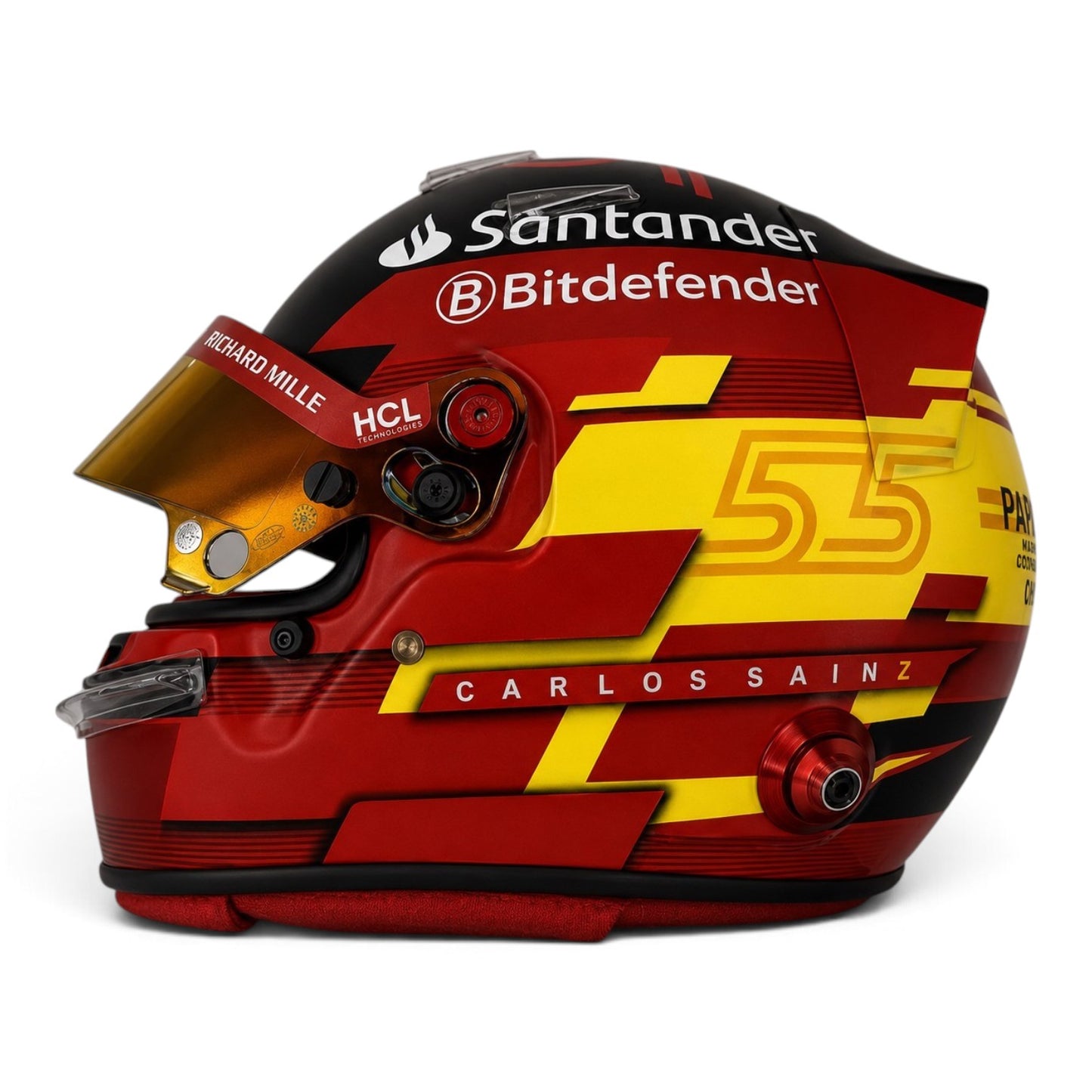 Casque Replica Carlos Sainz 2024 Ferrari F1 numéro 55 rouge jaune et noir avec visière Bell originale