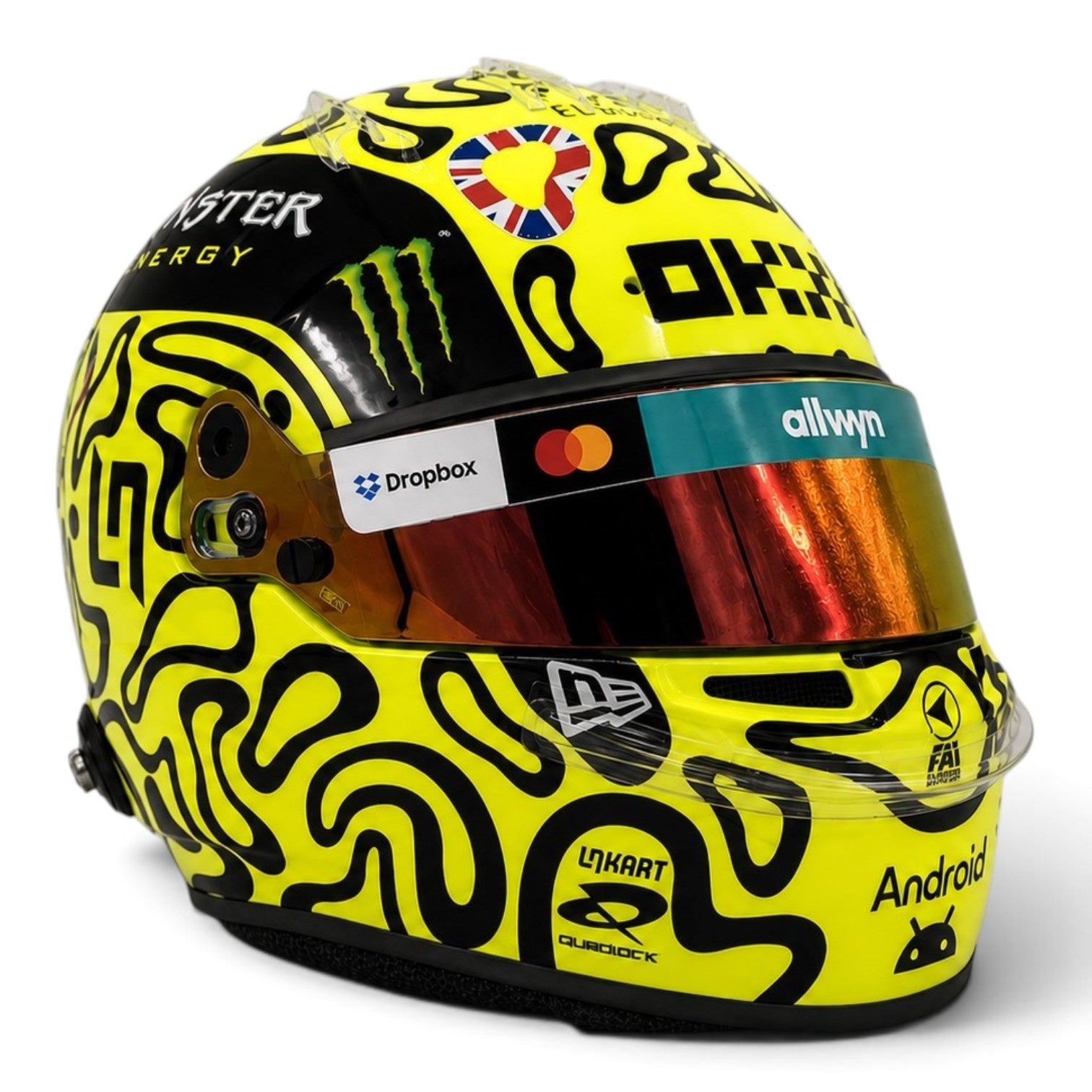 Casque Replica Lando Norris Silverstone 2025 McLaren F1 jaune fluorescent et noir avec visière Bell originale