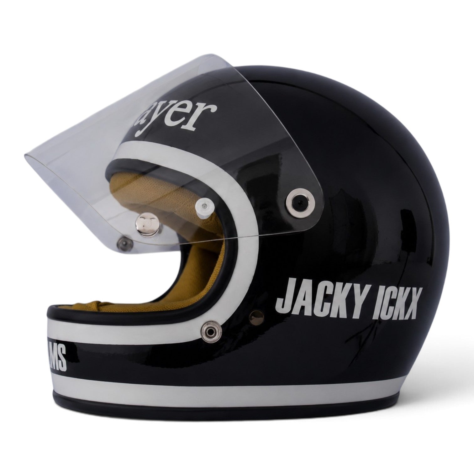 Casque Replica Jacky Ickx 1974 Lotus F1 vu de profil avec livrée noire et blanche et marquages Jacky Ickx