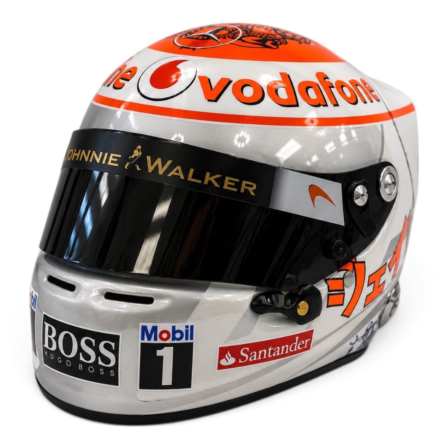 Casque Replica Jenson Button Suzuka 2012 McLaren F1 blanc argent et orange avec visière foncée
