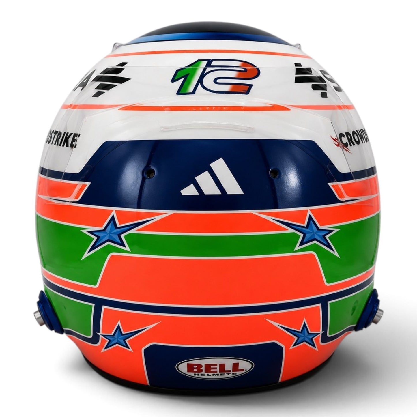 Casque Replica Kimi Antonelli 2026 Mercedes-AMG F1 vu de profil avec livrée orange verte bleue et visière Bell originale