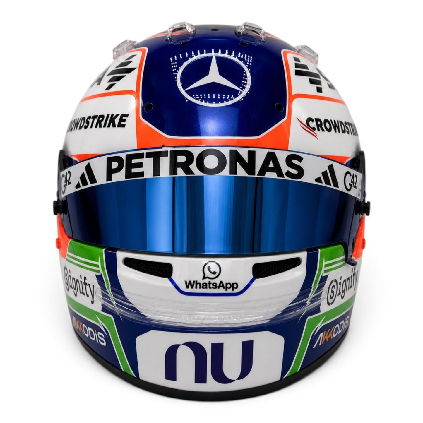 Casque Replica Kimi Antonelli 2026 Mercedes-AMG F1 vu de profil avec livrée orange verte bleue et visière Bell originale