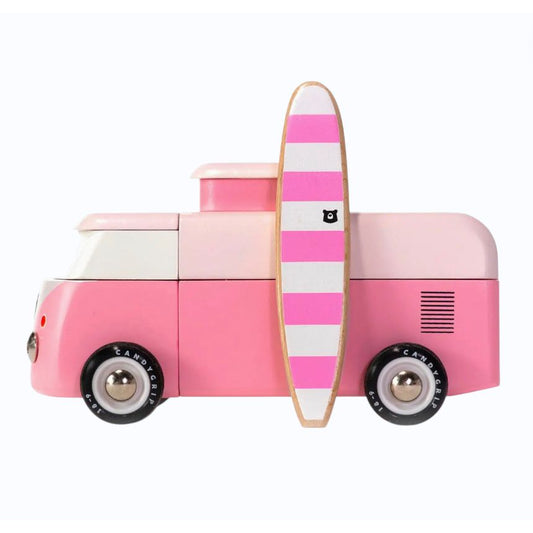 VW Beach Bus rose Candylab Toys avec planche de surf rayée rose et blanche