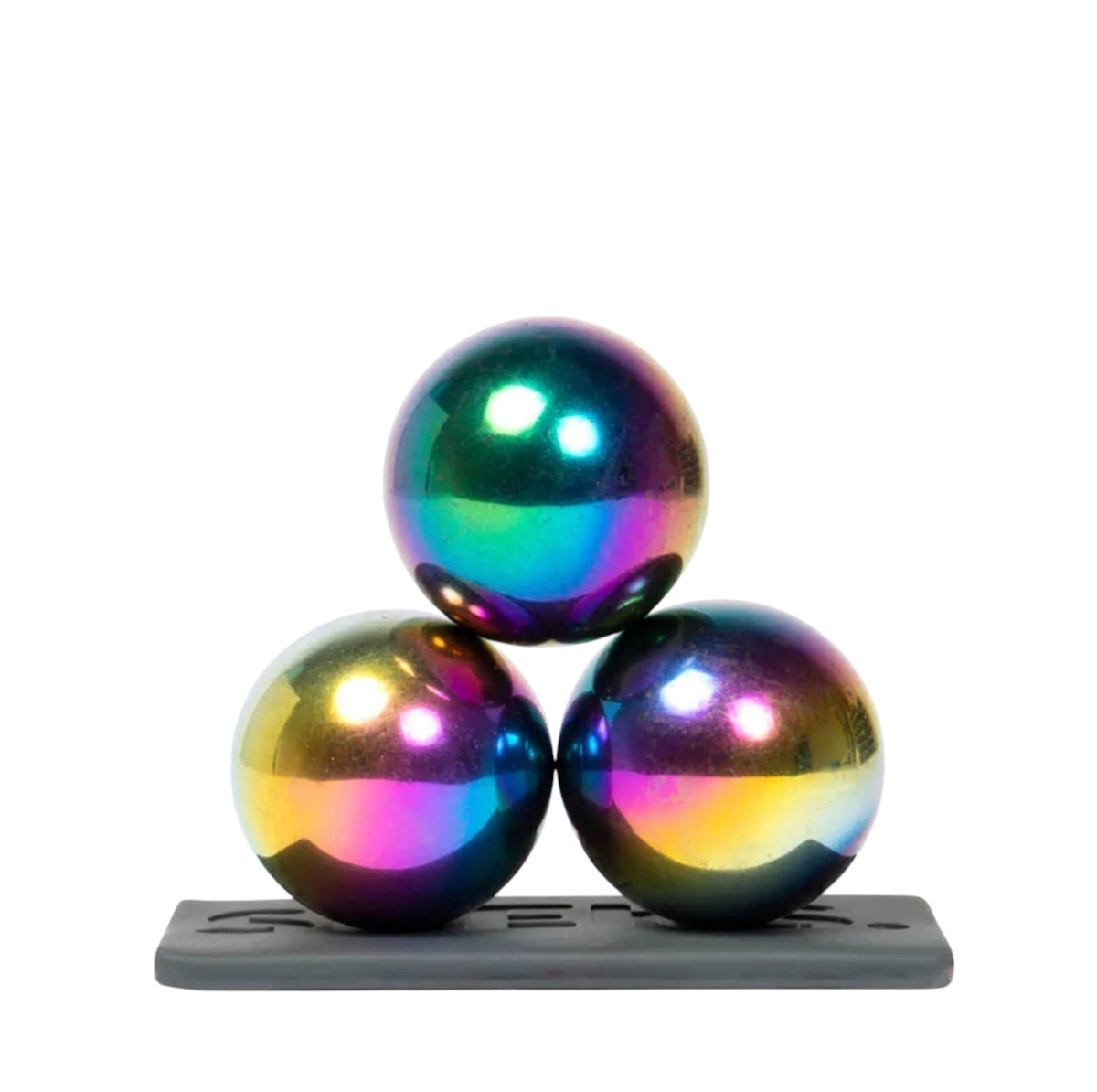 Speks Supers avec trois grandes sphères magnétiques irisées multicolores sur leur base de présentation avec boîte d’origine