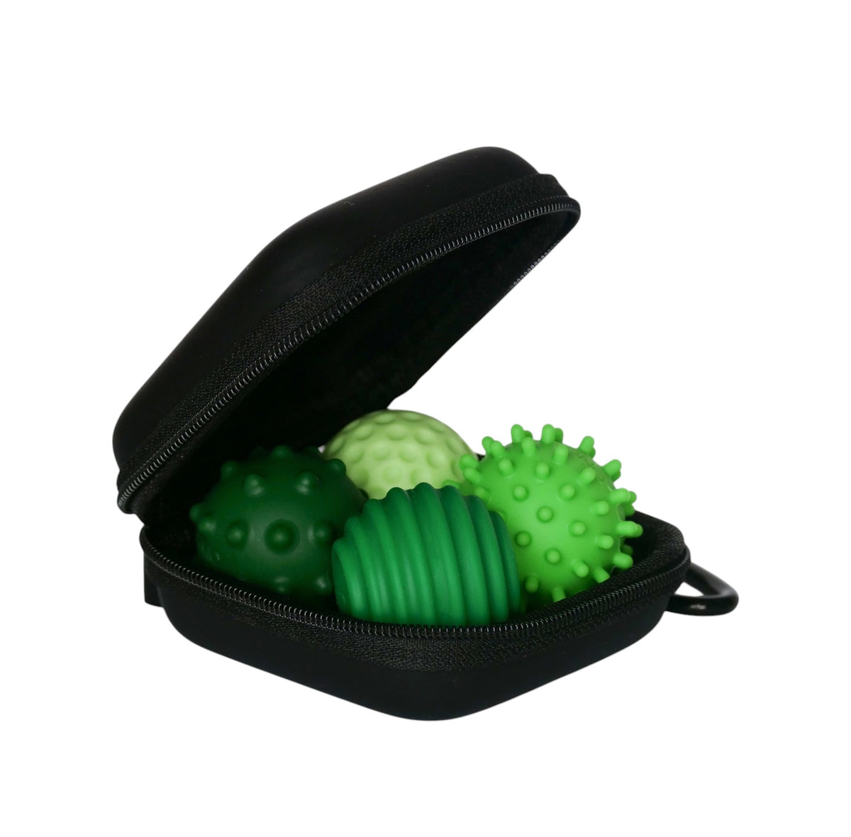 Pack ONO Émeraude de quatre balles magnétiques anti-stress en silicone vert avec textures variées dans un étui zippé noir
