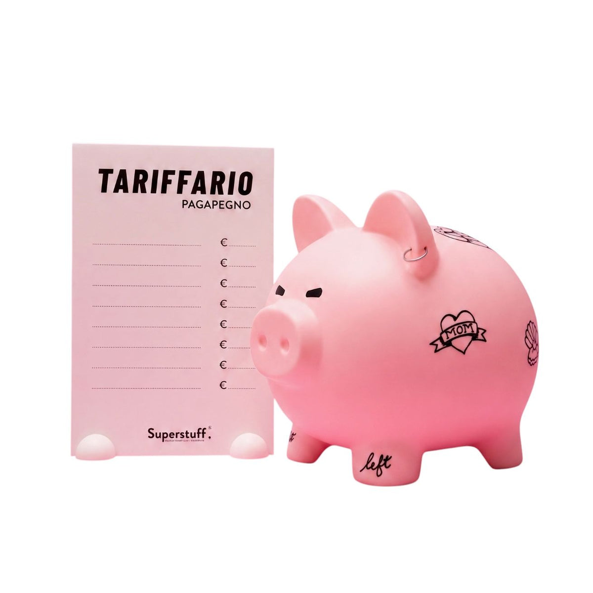Tirelire Pagapegno Superstuff en forme de cochon rose tatoué avec tableau de tarifs personnalisable