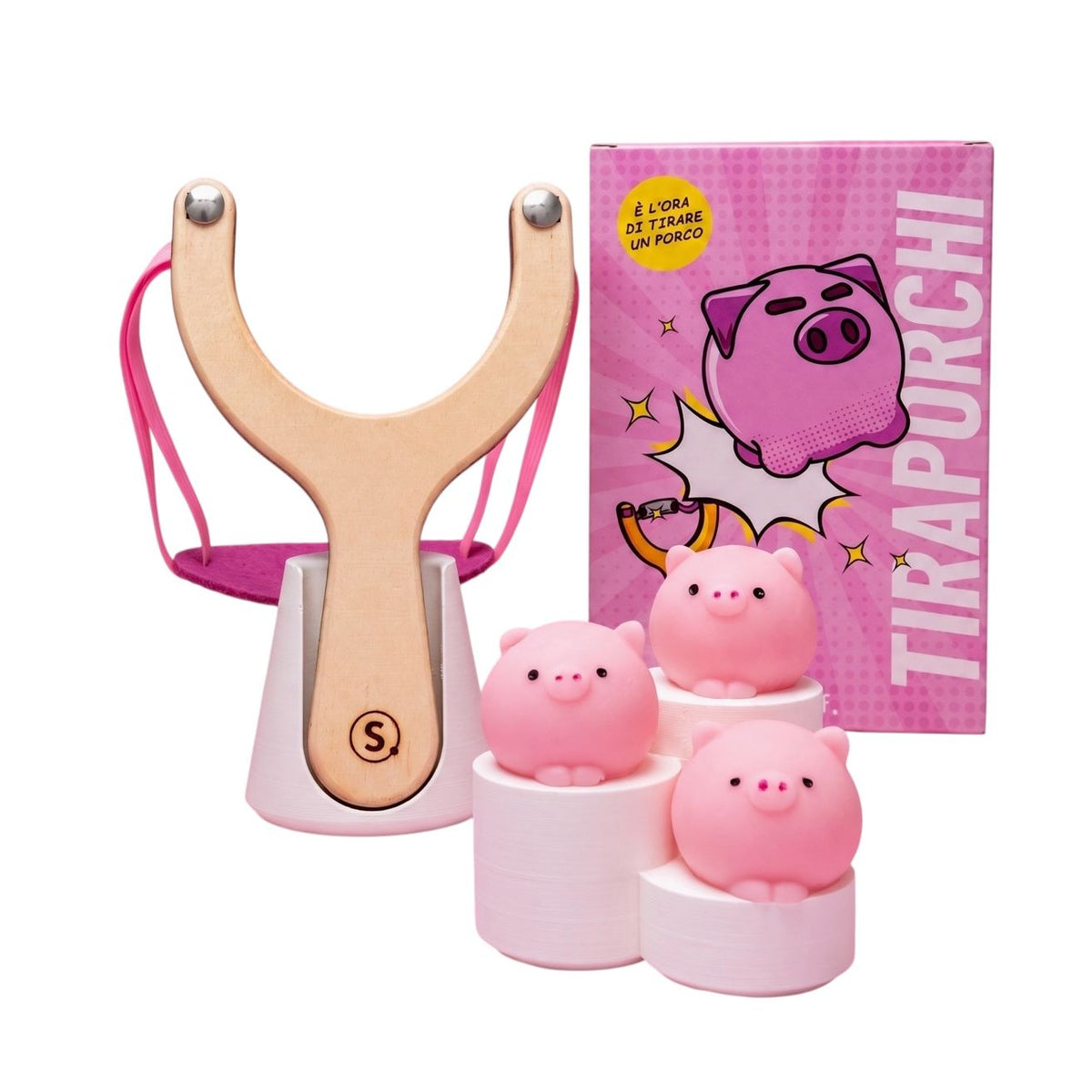 Jeu Tiraporchi Superstuff avec lance-pierre en bois, petits cochons roses et boîte d’origine
